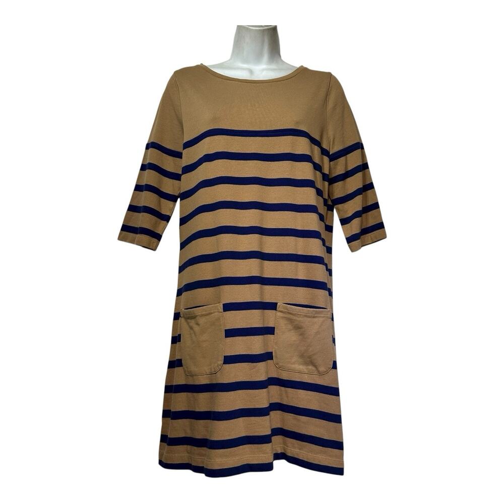 Boden Tan Navy Striped Cotton Shift Dress with Front Pockets Casual